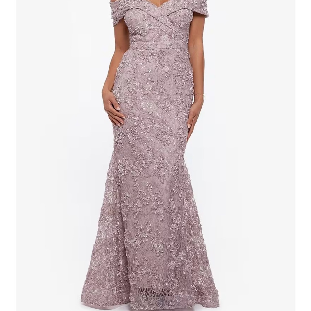Xscape embroidered off the shoulder short sleeve lace A line gown in Taupe!